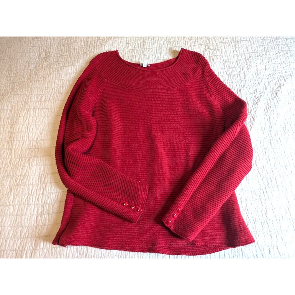 Talbots Sweater Scoopneck LARGE Red Cotton Ribbed Knit Sleeve Buttons Pullover